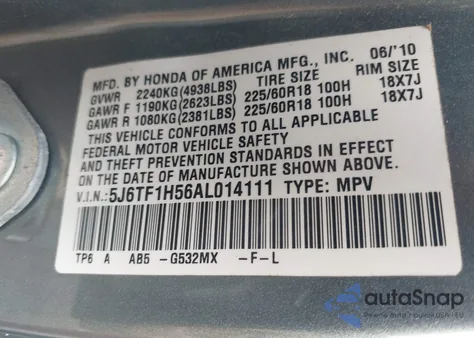 2010 Honda Accord Crosstour Ex-L из США, поврежденный, VIN 5J6TF1H56AL014111